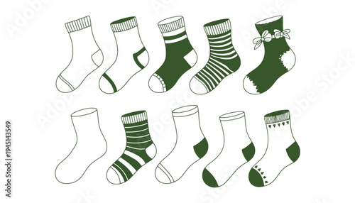 A set of green and white socks illustration in various styles and designs