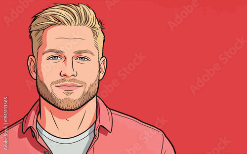 Young man smiles while wearing a red shirt. The background is bright red. His hair is light and neatly styled.