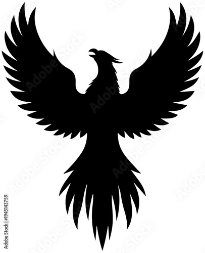 Black Silhouette of Rising Phoenix Mythical Bird with Spreading Wings Isolated on White Background