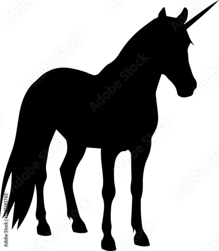 Black Unicorn Silhouette Vector Illustration Standing on White Background
