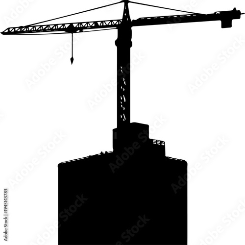 Black Silhouette of a Construction Tower Crane on Top of a Building Isolated on White Background Vector Illustration