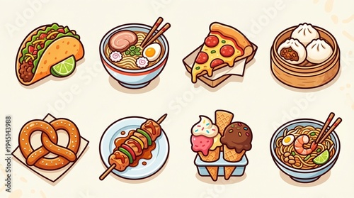 A collection of delicious and diverse food icons, showcasing popular international dishes and treats
