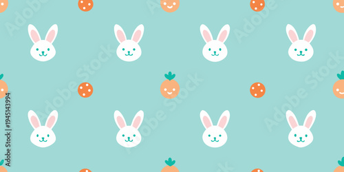 Illustration of a repeating pattern of cute cartoon bunnies and strawberries on a pastel mint green background with white space