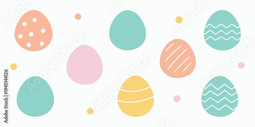 Illustration of colorful easter eggs in various patterns and pastel colors on a for holiday decoration