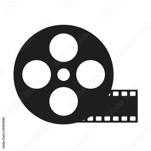 A black and white icon of a film reel with a strip of film extending from the right side isolated on white background, Vector, illustration
