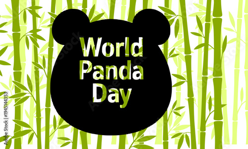 World Panda Day celebration banner with black panda silhouette head framing text against vibrant green bamboo background, promoting wildlife conservation and endangered giant panda awareness globally.