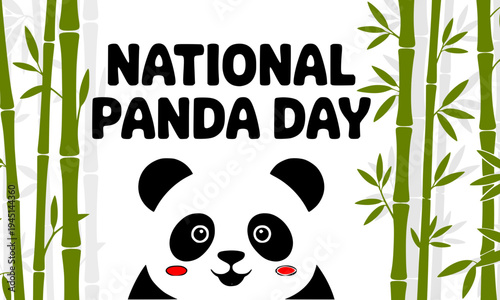 National Panda Day celebration banner with adorable giant panda face surrounded by tall green bamboo stalks, raising awareness for endangered species conservation and wildlife protection globally.
