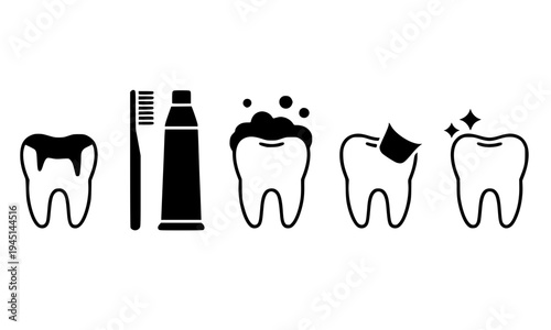 Black and white dental care icon set showing tooth brushing and cleaning steps with toothbrush, toothpaste, foam, and sparkle symbols for oral hygiene concepts