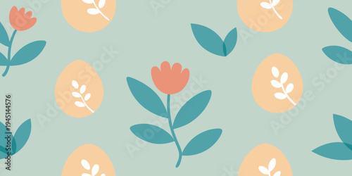 Illustration of vibrant floral pattern with pink flowers and green leaves on a soft mint green background with peach accents