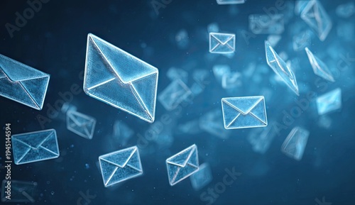 Glowing digital envelopes float through a dark, speckled blue atmosphere