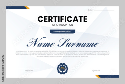 Employee or company award certificate template with a modern blue and yellow color combination theme