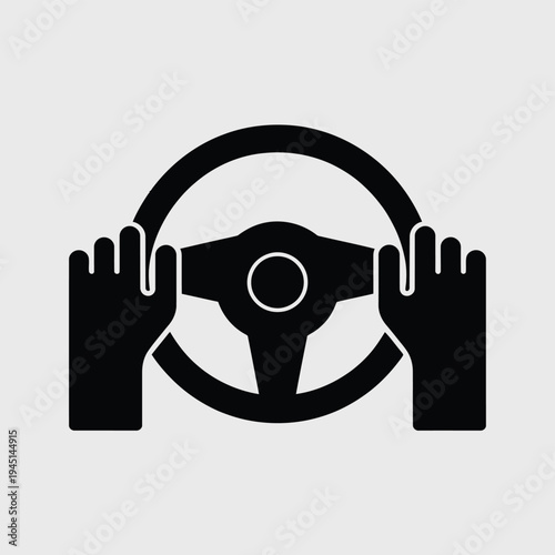 A black and white illustration of a steering wheel with two hands gripping it. isolated on white background, Vector, illustration