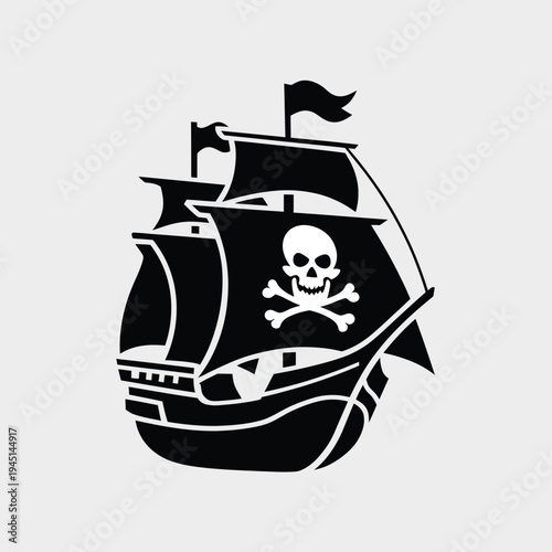 A vintage style pirate ship with a skull and crossbones flag sailing on the ocean isolated on white background, Vector, illustration