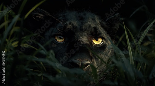 Black panther watches from dense grass in a dark jungle during early morning hours near a river