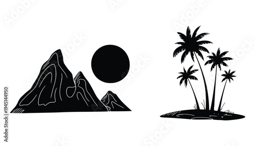Mountain silhouette with palm trees and sunset vector illustration