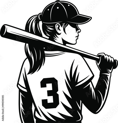 Cad drawing flat vector illustration, female baseball player silhouette, softball girl with bat, sports athlete mascot, team jersey number three. (20 words)