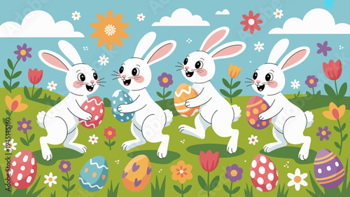 Three white rabbits holding easter eggs in colorful garden with flowers and clouds