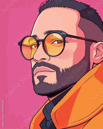 A man looks at the viewer while wearing round sunglasses and an orange jacket. The background is a solid pink color.