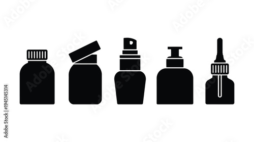 Assorted bottles and dispensers commonly used for storing and dispensing liquids isolated on white background, Vector, illustration