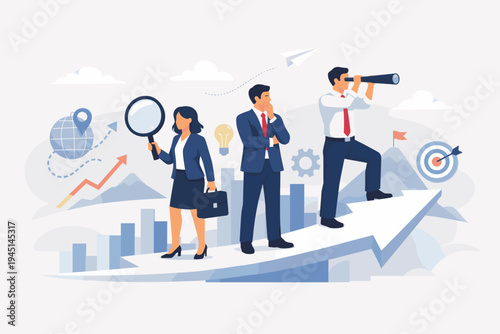 Business Analysis and Strategy Concept with Professional Team Looking for New Market Opportunities, Growth Vision, and Success. People with Magnifying Glass and Telescope Standing on Rising Arrow.