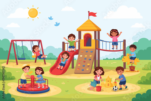 Happy diverse children playing on a colorful outdoor playground with a slide, swings, sandbox, and merry-go-round under a bright sunny sky. Flat vector illustration of kids enjoying summer park fun.