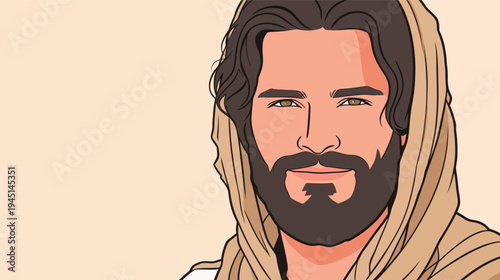 A man smiles with long hair and a beard, wearing a robe and headscarf. The background is plain and light in color.