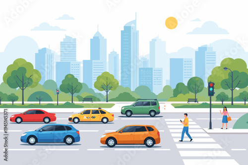Modern Urban Cityscape Flat Vector Illustration Featuring Busy Street Traffic with Colorful Cars, Taxi, Pedestrians Crossing Road, Green Park Trees, and Skyscraper Skyline on a Sunny Day.