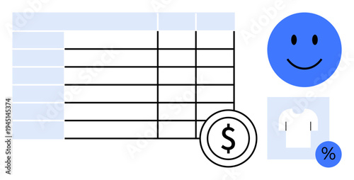 Financial data management. A table with a dollar symbol s financial records or sales. Includes a happy face, retail shirt icon, and percentage chart. Perfect for business, retail, financial analysis
