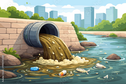 Industrial Drainage Pipe Discharging Dirty Waste and Sewage into a City River, Environmental Water Pollution with Plastic Trash and Dead Fish, Flat Vector Illustration of Urban Ecological Damage