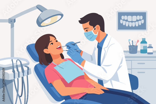 Professional Male Dentist in White Coat and Mask Examining Female Patient's Teeth with Dental Tools in a Modern Clinic. Flat Vector Illustration for Oral Health Care and Medical Hygiene Services.