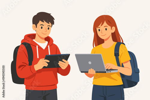 Male and Female Students Standing and Holding Electronic Devices Like Tablet and Laptop for Studying. Simple Flat Vector Illustration of College or University Students with Backpacks Learning.
