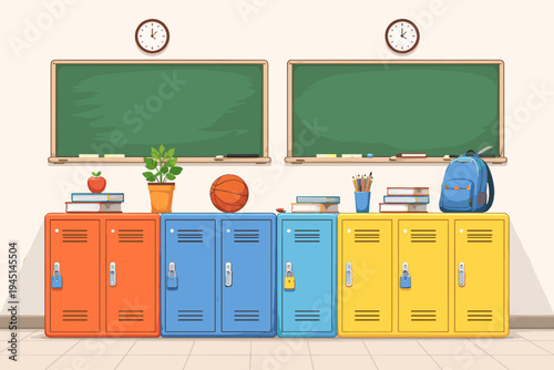 Classroom Interior with Colorful Lockers, Green Chalkboards, Wall Clocks, and School Supplies like Books, Backpack, and Basketball. Simple Flat Vector Illustration for Education and Learning.