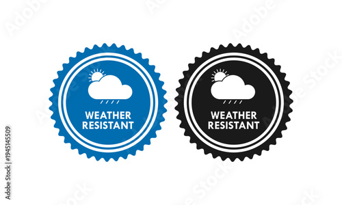 Professional weather resistant seal featuring cloud, sun, and rain icons. Minimalist circular stamp design for outdoor durability, protection, and climate proof material labeling.