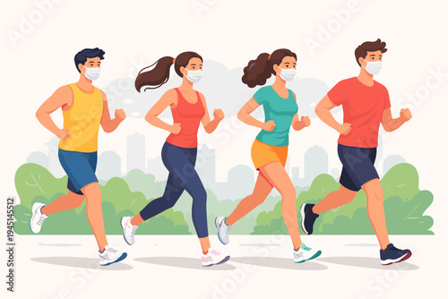 Group of young men and women jogging in a city park while wearing protective face masks for health and safety, flat vector illustration of people exercising outdoors together for fitness.
