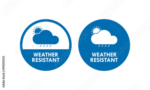 Professional weather resistant seal featuring cloud, sun, and rain icons. Minimalist circular stamp design for outdoor durability, protection, and climate proof material labeling.