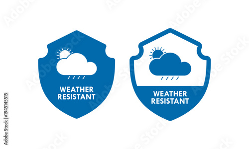 Professional weather resistant seal featuring cloud, sun, and rain icons. Minimalist circular stamp design for outdoor durability, protection, and climate proof material labeling.