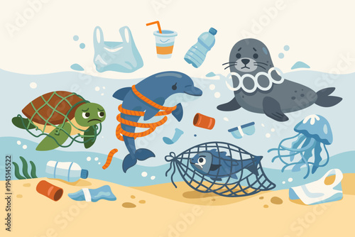 Marine Animals Trapped in Plastic Waste and Fishing Nets, Ocean Pollution Concept with Turtle, Dolphin, Seal, and Fish, Flat Vector Illustration for Environmental Awareness and Conservation