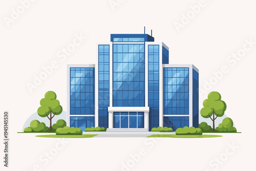 Modern Office Building Vector Illustration with Blue Glass Facade, Corporate Headquarters Architecture in Flat Design Style, Commercial Real Estate Property with Green Trees and Landscaping