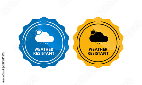 Professional weather resistant seal featuring cloud, sun, and rain icons. Minimalist circular stamp design for outdoor durability, protection, and climate proof material labeling.