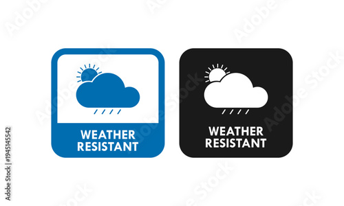 Professional weather resistant seal featuring cloud, sun, and rain icons. Minimalist circular stamp design for outdoor durability, protection, and climate proof material labeling.