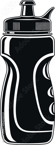 Black and white illustration of a sports water bottle with flip top lid and handle
