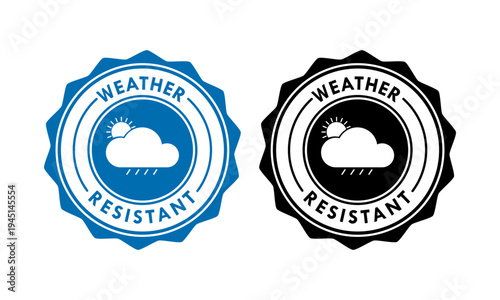 Professional weather resistant seal featuring cloud, sun, and rain icons. Minimalist circular stamp design for outdoor durability, protection, and climate proof material labeling.