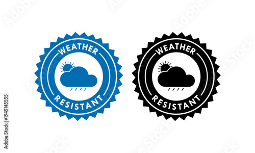 Professional weather resistant seal featuring cloud, sun, and rain icons. Minimalist circular stamp design for outdoor durability, protection, and climate proof material labeling.