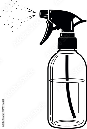 A black and white illustration of a spray bottle with a fine mist spraying out of the nozzle