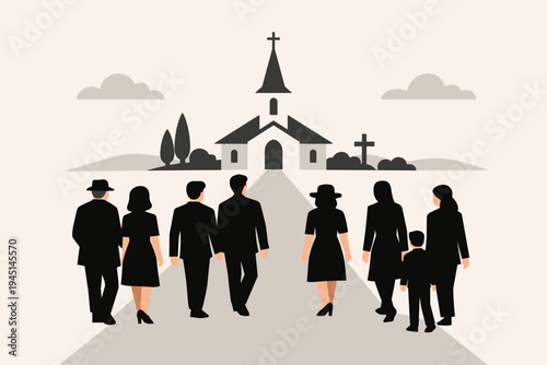 Flat vector illustration of people dressed in black mourning clothes walking towards a church for a funeral ceremony or memorial service. Family and friends grieving together at a chapel.