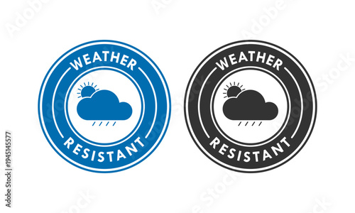 Professional weather resistant seal featuring cloud, sun, and rain icons. Minimalist circular stamp design for outdoor durability, protection, and climate proof material labeling.