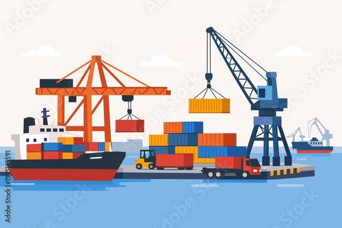 Commercial port terminal with cargo ships, stacked colorful shipping containers, industrial cranes loading freight, delivery trucks, and forklift for global trade and logistics operations.