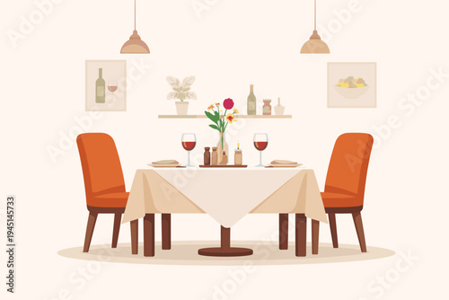 Cozy restaurant table for two with orange chairs, red wine glasses, floral centerpiece, and candles in a flat vector style. Elegant dining room interior for romantic date or dinner concept.