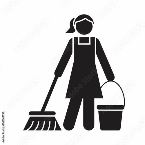A person dressed in protective gear cleaning a street with a broom and dustpan isolated on white background, Vector, illustration
