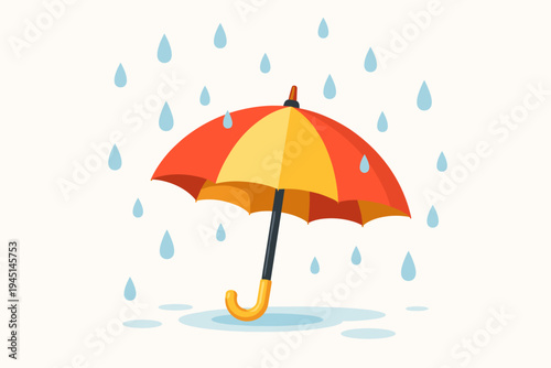 Vibrant red and yellow umbrella flat vector illustration protecting against falling blue raindrops on a light background, perfect for weather forecasts, autumn season themes, and rainy day concepts.
